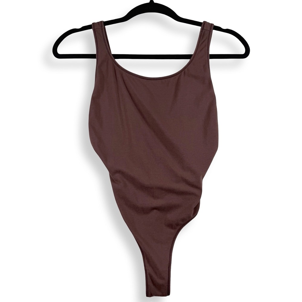 SKIMS Cotton Jersey Scoop Neck Bodysuit Brown Thong Back S